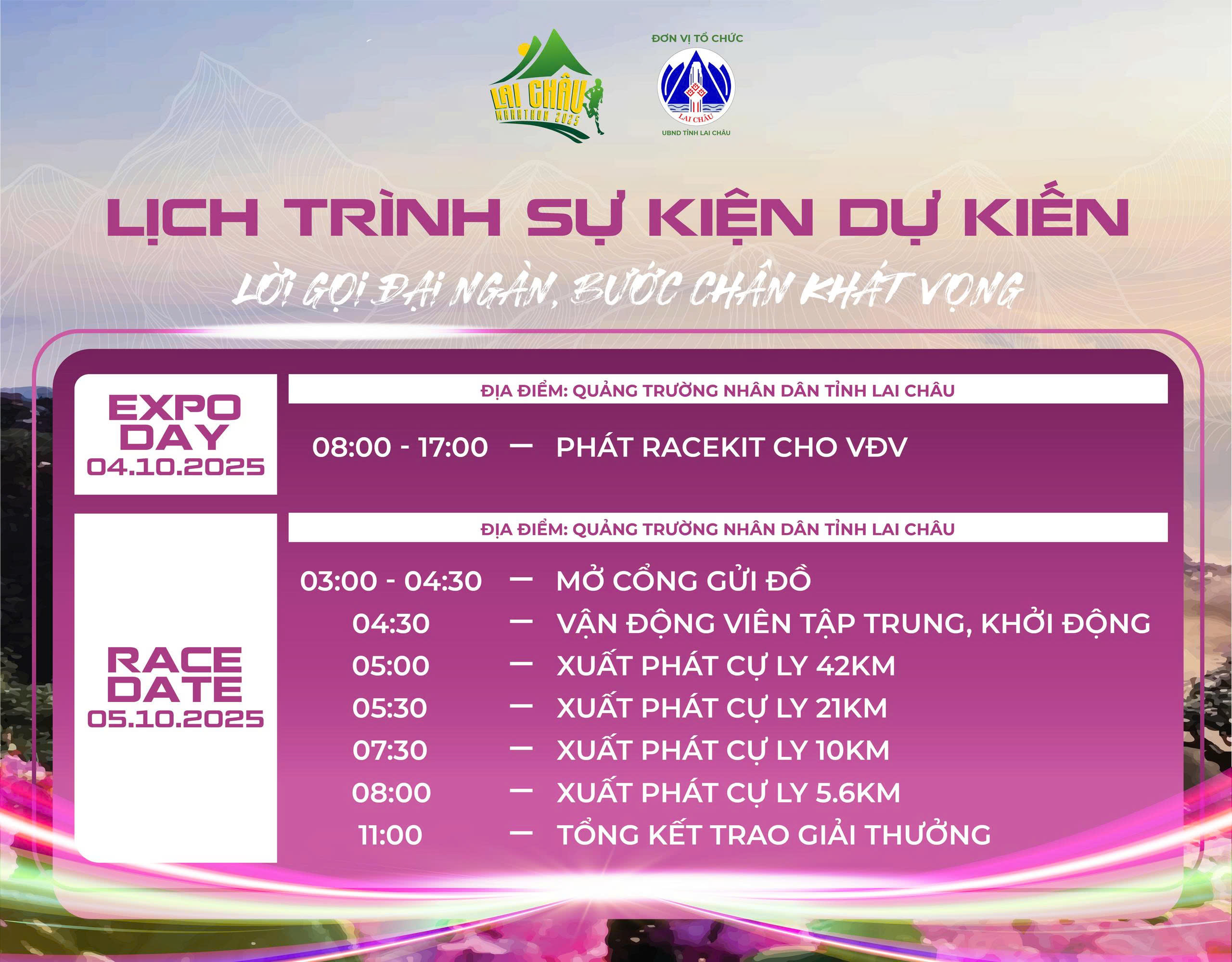 Lịch trình dự kiến Giải Marathon Lai Châu 2025