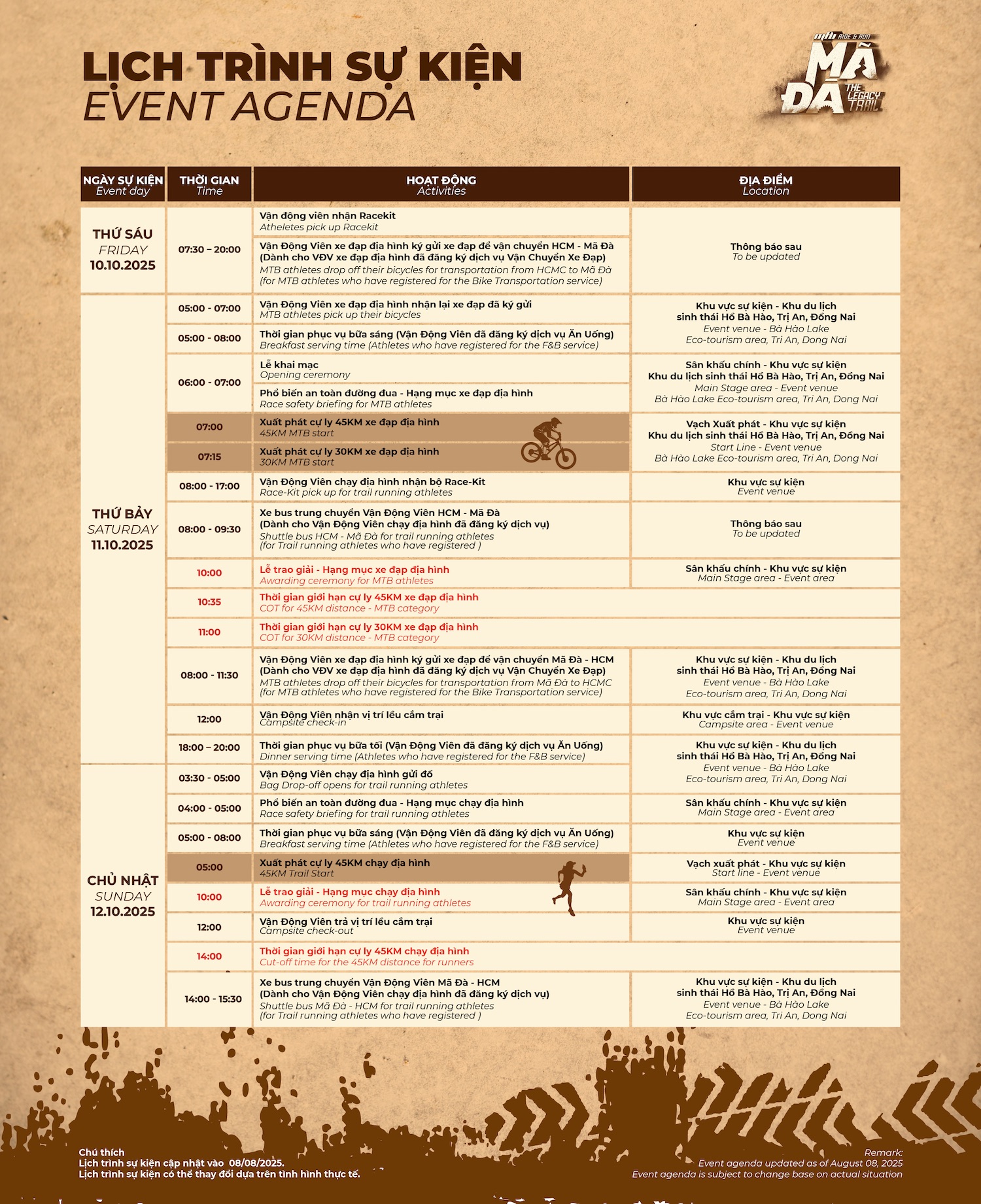 Lịch trình sự kiện MTB RIDE & RUN MÃ ĐÀ 2025