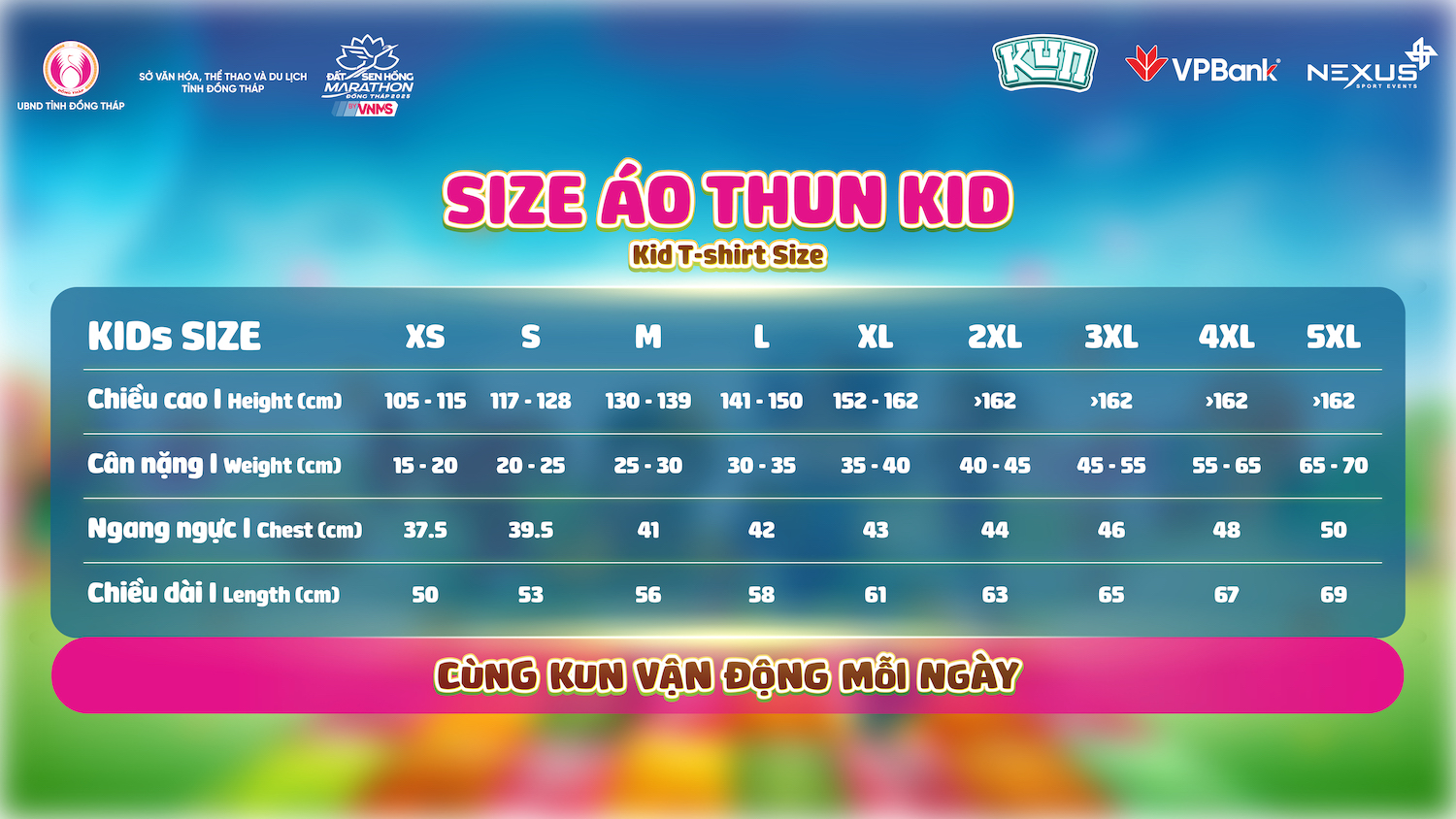 Bảng kích thước áo KUN FUN RUN dành cho trẻ em