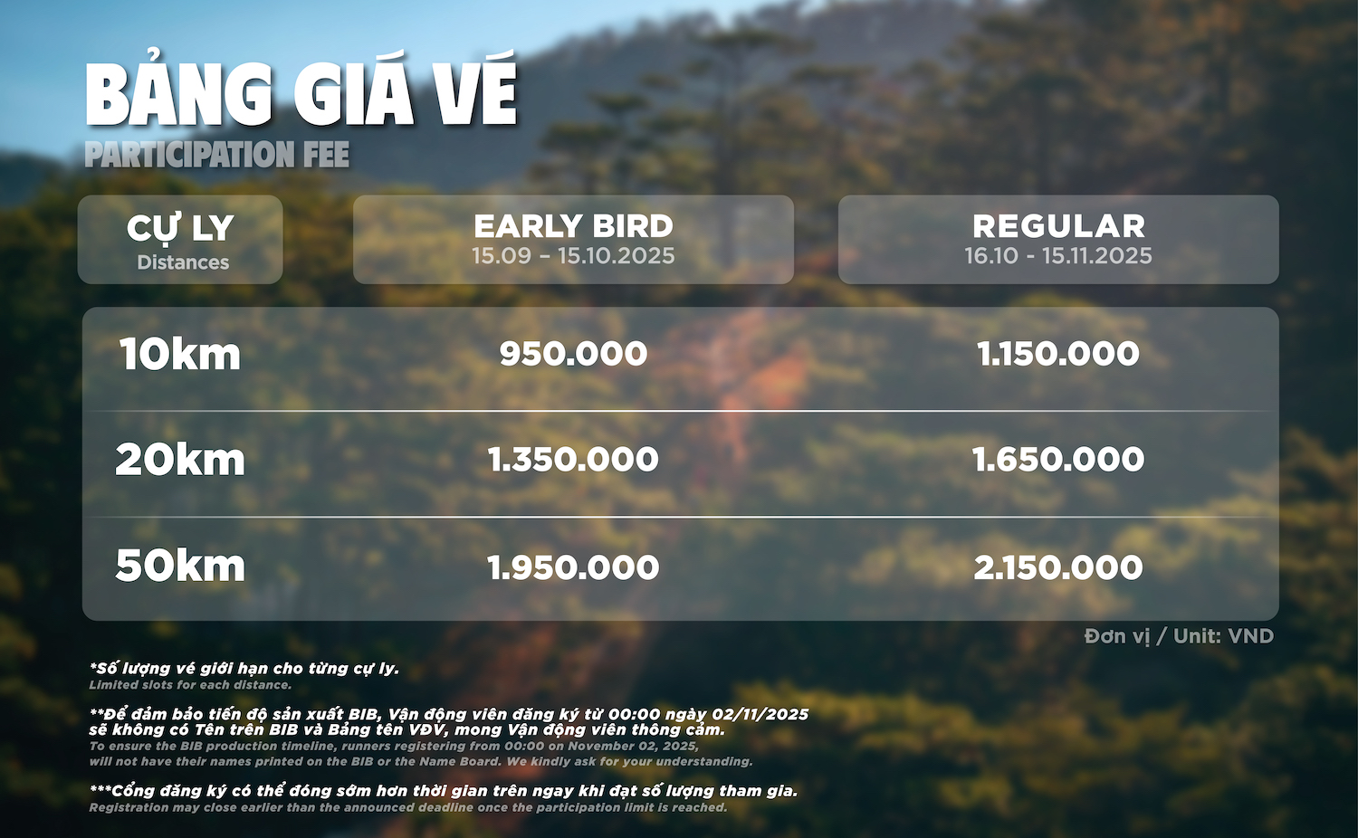 Vietnam Highlands Trail 2025: Chinh phục 4 ngọn núi thiêng Lâm Đồng 4 Bảng giá vé các cự ly Vietnam Highlands Trail 2025