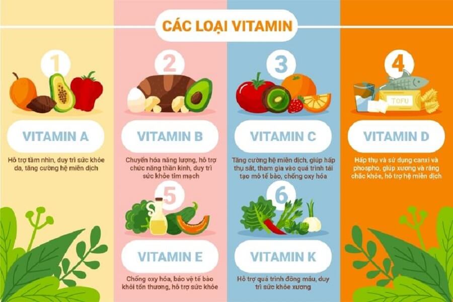  Infographic minh họa các loại dinh dưỡng vi lượng (vitamin A, B, C, D, E, K) và vai trò của chúng đối với sức khỏe, giúp runner tối ưu sức bền.